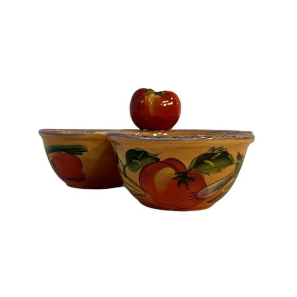 Clay Art TriBowl Tomato Topper Condiment Holder Handpaint Fruit & Veggie Design - Picture 4 of 9